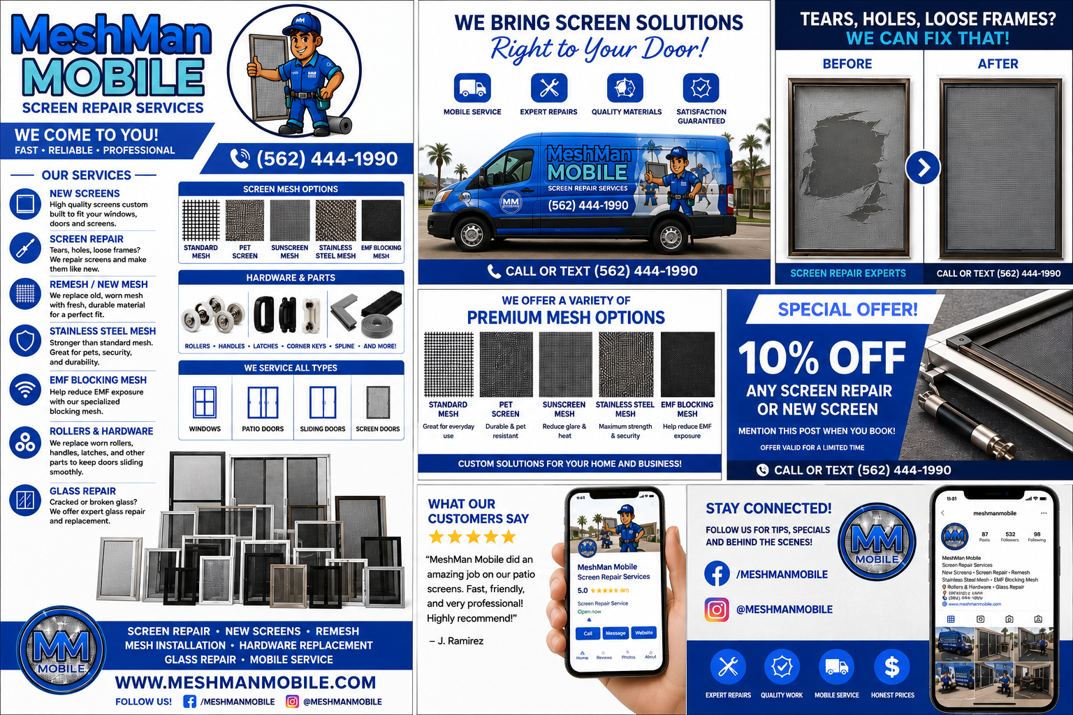 MeshMan Mobile full service menu — screen repair, new screens, remesh, hardware, and more